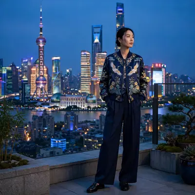 An embroidered silk bomber with wide-leg trousers and loafers, on a Shanghai rooftop at blue hour. East-meets-west luxury photography, city lights