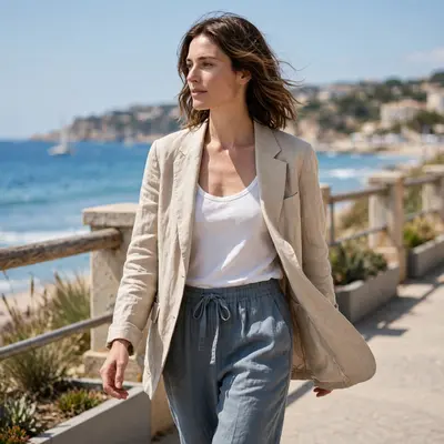 An unstructured linen blazer over a tank and drawstring trousers, walking a coastal promenade. Resort tailoring photography, bright sea light, breezy