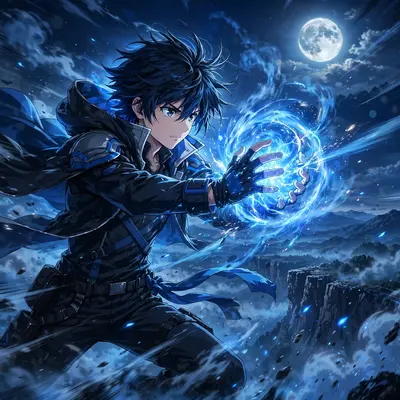 Dynamic anime key visual of a battle-shonen hero charging a final attack, drawn in studio-quality TV anime style. Moonlit blue rim light washes the