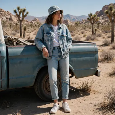 A head-to-toe light-wash denim fit with a bucket hat and white sneakers, leaning on a vintage pickup in Joshua Tree. Desert streetwear photography