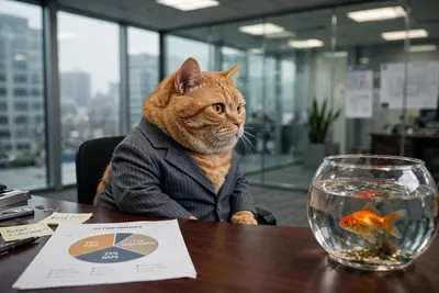 A chubby orange tabby cat wearing a tiny pinstripe suit sits behind a mahogany desk in a glass corner office, dramatically turned away from a pie