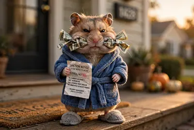 A grumpy hamster in a bathrobe and slippers stands on a doorstep holding an eviction notice, cheeks stuffed with rent money. Golden hour porch