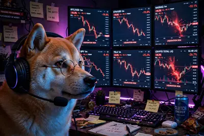 A shiba inu wearing tiny round glasses and a headset stares intensely at six glowing monitors showing crashing red candlestick charts. Dark RGB-lit