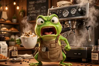 A tiny green frog in a barista apron screams silently while holding a latte cup with a failed leaf art blob, espresso machine steaming behind it