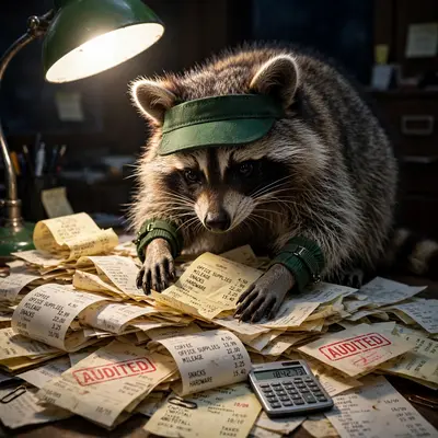 A raccoon in a green visor and sleeve garters hunches over a mountain of receipts with a red stamp reading AUDITED, tiny calculator nearby. Harsh