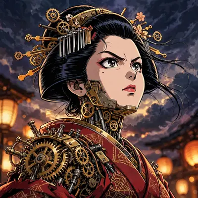 nostalgic cel-animation look illustration of a clockwork geisha with gleaming brass gears, posed heroically against a dramatic sky. Warm tungsten