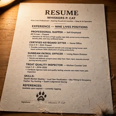 An extreme close-up of a resume on a desk where every job entry says nine lives positions like professional napper and certified keyboard sitter, a