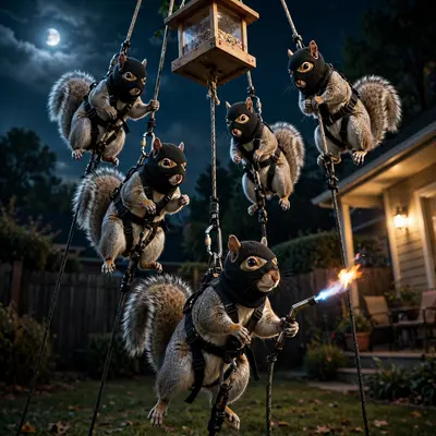 Five squirrels in tiny black ski masks and harnesses rappel down a bird feeder at night, one holding a miniature blowtorch. Moonlight and porch-light