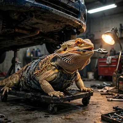 A bearded dragon in oil-stained overalls slides out from under a tiny lifted car on a creeper, holding a wrench in its mouth. Garage fluorescent