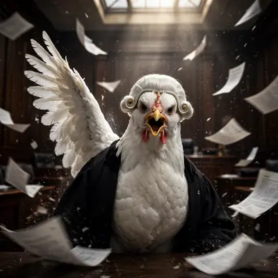 A stern white chicken in a tiny barrister wig and robe objects dramatically in a courtroom, wing raised, papers flying. Dramatic courtroom lighting