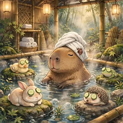 A serene capybara wearing a towel turban lounges in a steaming hot spring while smaller animals get cucumber eye treatments around it. Misty warm