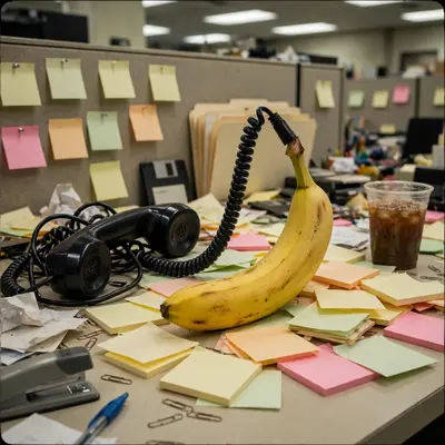A banana with a retro coiled phone cord plugged into its stem sits on a 90s office desk, receiver off the hook, sticky notes everywhere. Harsh office