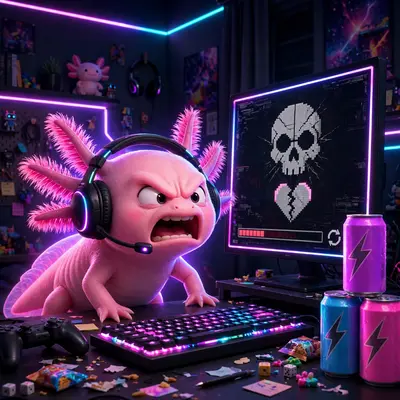 A pink axolotl wearing a gaming headset rages at a monitor showing a game over screen, RGB keyboard glowing, energy drinks stacked. Dark bedroom lit