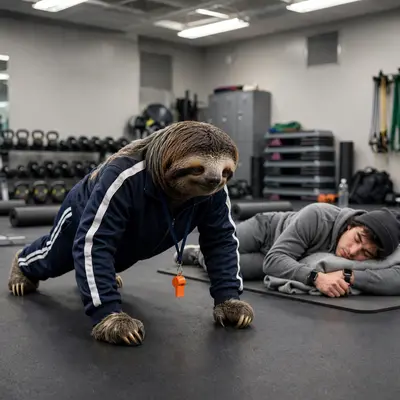 A sloth in a whistle and tracksuit very slowly demonstrates a single push-up while a client naps on the gym floor. Bright gym fluorescents. , ironic