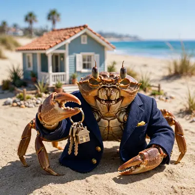 A crab in a blazer holds tiny house keys toward the camera in front of a miniature beachfront property, forced smile. Bright coastal sunlight