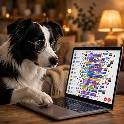 A border collie wearing reading glasses glares at a laptop showing a chaotic group chat, paw hovering over the remove member button. Cozy living room
