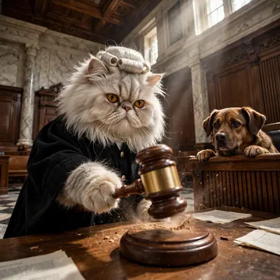 A fluffy Persian cat in judicial robes and a tiny wig bangs a gavel on a bench, a guilty-looking dog in the defendant's stand. Grand courtroom