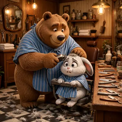 A burly bear in a barber cape gives a nervous rabbit a buzz cut in a vintage barbershop, clippings everywhere, straight razors on the counter. Warm