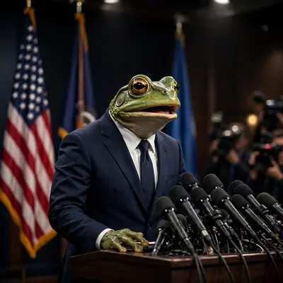 A frog in a navy suit stands at a presidential podium covered in microphones, delivering a grave speech about pond infrastructure. Dramatic