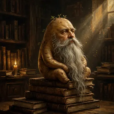 A wise old potato with a long gray beard sits on a stack of philosophy books in a candlelit study, thinking deeply. Warm library lighting, dust motes