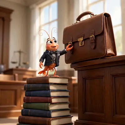 A tiny shrimp in a pinstripe suit presents an comically oversized briefcase in small claims court, standing on stacked law books to reach the podium