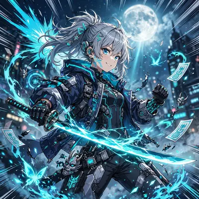 High-energy anime poster art of a demon hunter poised in silver moonlight, rendered in sleek cyber-anime hybrid style with explosive impact frames