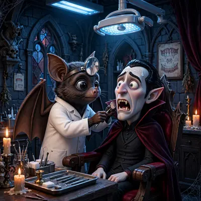 A vampire bat in a dentist coat and head mirror examines the fangs of a nervous vampire patient in a gothic dental office. Cold clinical lighting