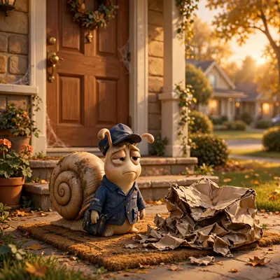 A snail in a tiny delivery uniform and cap finally arrives at a doorstep with a crushed package labeled overnight, 3 years late. Golden hour suburban