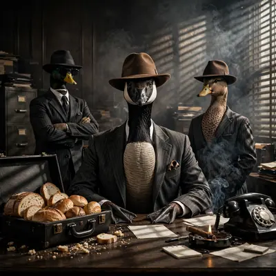 A Canada goose in a pinstripe suit and fedora sits behind a desk in a smoky backroom, flanked by duck enforcers, a briefcase of bread open. Film noir