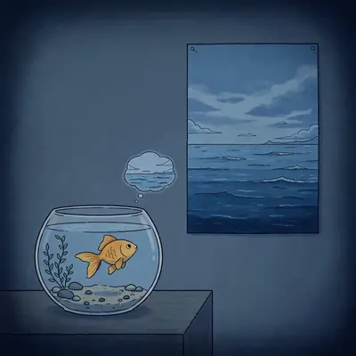 A goldfish stares out of its bowl at a vast ocean poster on the wall, tiny thought bubble showing the open sea. Dim apartment lighting, melancholic