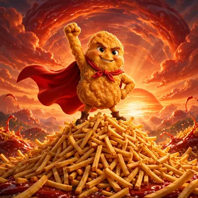 A heroic chicken nugget in a red cape strikes a triumphant pose on a mountain of fries, ketchup sunset behind it. Dramatic fast-food commercial