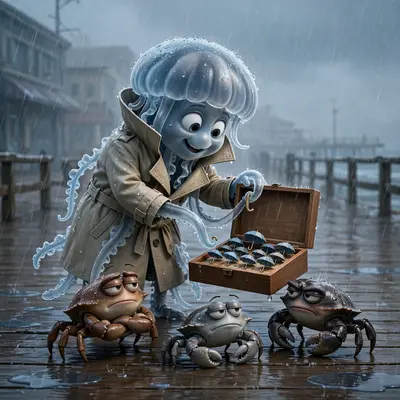 A jellyfish in a trench coat opens a display of tiny umbrellas on a rainy boardwalk, trying to sell to unimpressed crabs. Moody overcast lighting