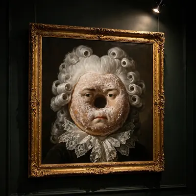 A Victorian oil painting of a solemn donut with a powdered wig and lace collar, hanging in a gilded frame in a dark gallery. Museum spotlighting
