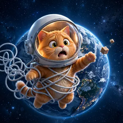 A cat in a slightly too-big astronaut helmet floats in space, tangled in its own tether, Earth glowing behind, paw reaching for a drifting treat