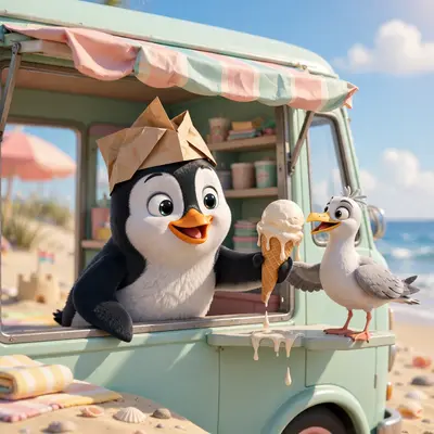 A penguin in a paper hat leans out of a pastel ice cream truck window handing a melting cone to a seagull customer on a sunny beach. Bright summer