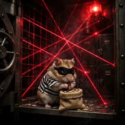 A hamster in a striped shirt and domino mask stuffs sunflower seeds into a tiny sack inside a miniature bank vault, laser grid behind. Dramatic