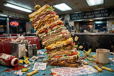 A leaning tower of twenty mismatched sandwich layers about to collapse on a diner table, one olive on top like a cherry. Harsh diner fluorescents