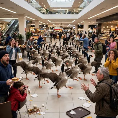Fifty geese in perfect formation perform a synchronized dance in a shopping mall food court while shoppers stare in horror. Bright mall lighting