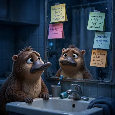 A platypus stares into a bathroom mirror with sticky notes reading AM I A DUCK, BEAVER, or OTTER on the glass, existential dread. Dim bathroom