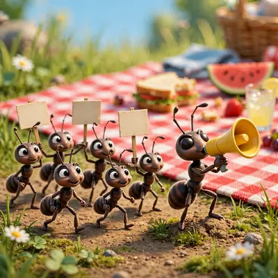 A picket line of ants holding tiny signs reading FAIR CRUMBS NOW outside a picnic blanket, one ant with a megaphone. Bright picnic daylight