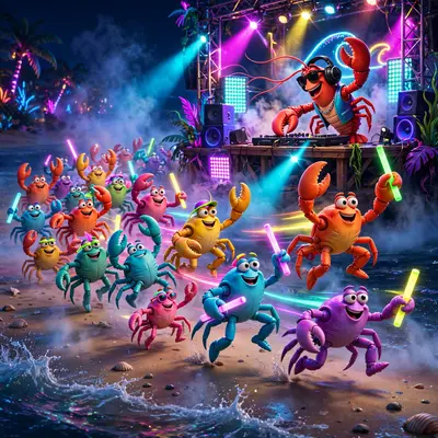 A crowd of crabs with glow sticks dances sideways under strobe lights on a beach at night, DJ lobster on stage. Electric neon lighting, sea mist