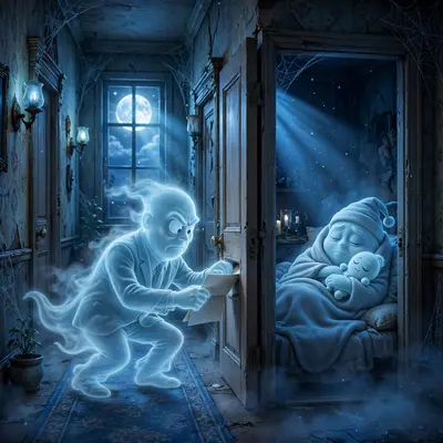 A translucent ghost in a suit slides an eviction notice under a door while the tenant, also a ghost, pretends not to be home. Spooky moonlit hallway