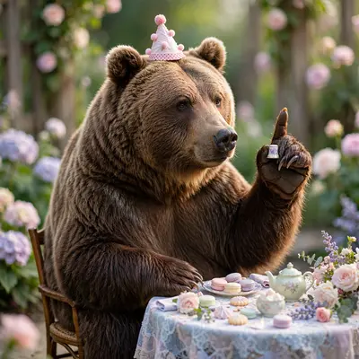 A massive grizzly bear sits politely at a tea party wearing a ridiculously tiny party hat, pinky raised with a thimble of tea. Soft garden party