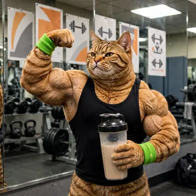 A jacked tabby cat in a tank top and wristbands flexes in a gym mirror, protein shaker in paw, motivational posters behind. Harsh gym lighting