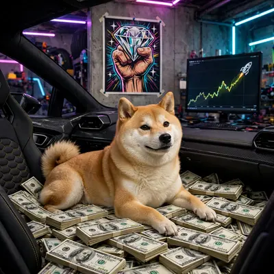 A smug doge-style shiba lounges on a pile of cash in a Lamborghini, diamond hands poster on the wall, rocket chart on a monitor. Neon garage