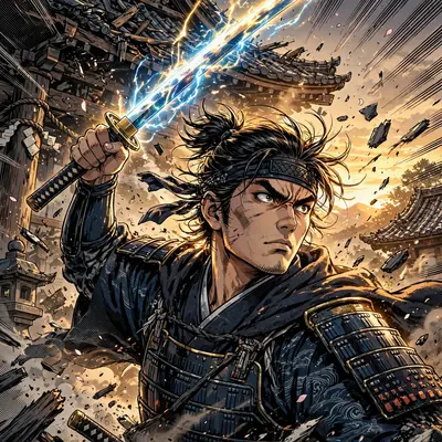 a fearless samurai raising a glowing katana rendered in manga-inspired anime style with screentone accents, frozen mid-action with bold motion lines