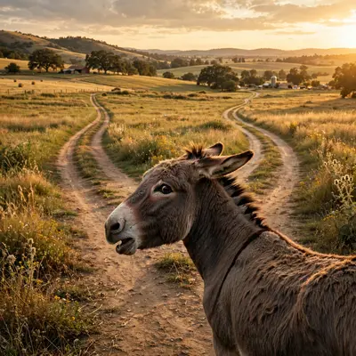 A donkey stares at two paths in a field, one sign reading NAP and the other RESPONSIBILITIES, visibly stressed. Golden hour pastoral light