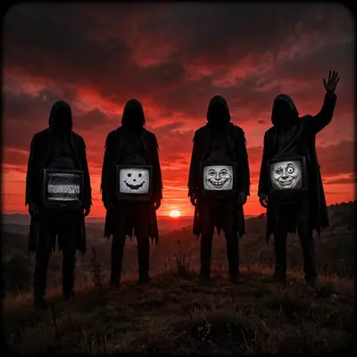 Four unsettling tall figures with TV bellies stand motionless on a hill silhouetted against a blood-red sunset, one waving slowly. Ominous dusk