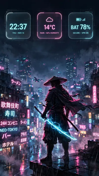 A lone samurai silhouette stands on a rooftop overlooking a rain-soaked neon Tokyo street, katana glowing cyan, vertical 9:16 composition with strong