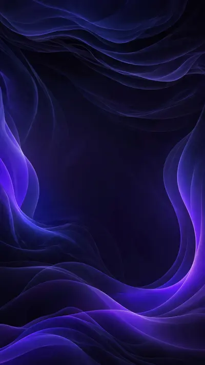 Smooth flowing abstract waves of deep indigo melting into midnight black and electric violet, subtle grain texture, vertical 9:16 lock-screen